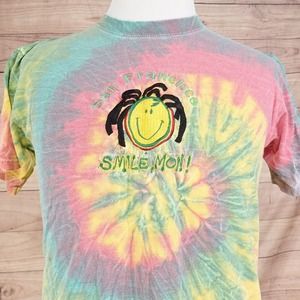 VINTAGE SAN FRANCISCO SMILE MON! RASTA TIE DYE TRAVEL TSHIRT USA M *READ